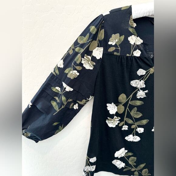 LUCKY BRAND | Black Floral Peasant Top Blouse Puff Sleeve Cotton | Size Small - Picture 4 of 8